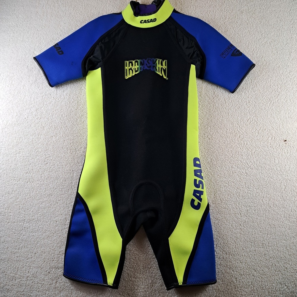 CASAD IRONSKIN Adult Shorty Wetsuit Size L Blue Yellow Black Spring Suit Surf